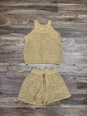 Beige Crochet Knit 2-Piece Set Tank & Shorts Boho Lounge XS/S